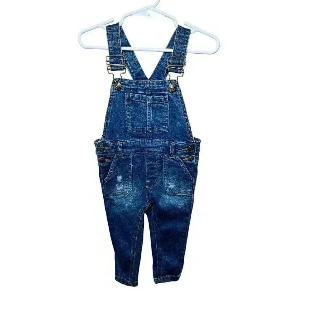 7 for All Mankind Girls Denim Overalls Distressed Skinny Jeans Kids Size 18M EUC